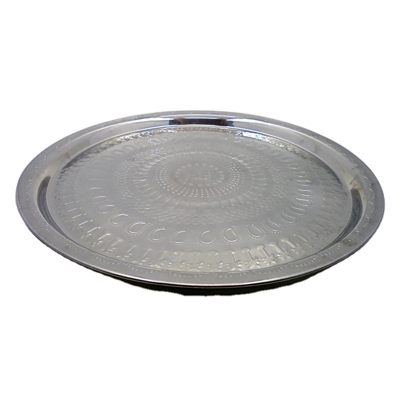 Kitchenware Metal Stainless Steel Round Plate With Etching & Polished Luxury Design Serving Dish For Table Top & Dinnerware