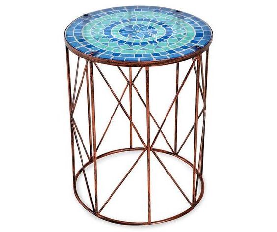 BeniOurain Furniture Iron & Mosaic Moroccan Round Side Table Copper & Blue Colour Fancy Table And Coffee Table For Living Room