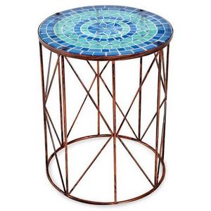 BeniOurain Furniture Iron & Mosaic Moroccan Round Side Table Copper & Blue Colour Fancy Table And Coffee Table For Living Room