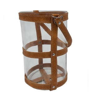 Home Decoration Leather And Glass Decorative Modern Handmade Lantern Light Brown Color Handmade Customized