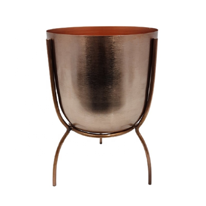 Modern Designer Iron Decorative Stylish Metal Planter With Stand Round Shaped Rose Gold Finishing