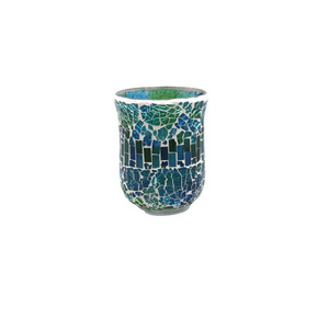 Glass Votive Holder Set Of 2 Blue & Green Mosaic Medium Size Candle Jar For Christmas Decoration Handmade