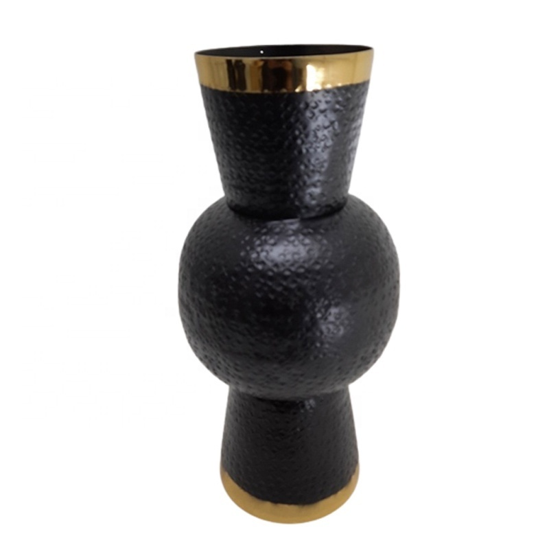 Wholesale Bulk Table Top Decoration Aluminum Flower Vase With Hammered Gold & Black Colour Large Size Glass