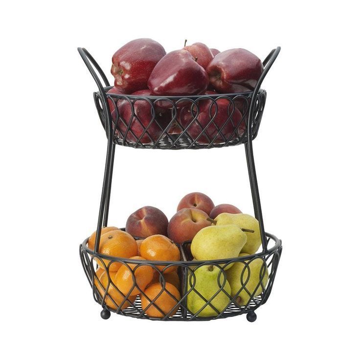 Round Black Powder Coated Vegetables & Fruits 2 Tier metal wire fruit basket assemble high quality basket for kitchen & Mom