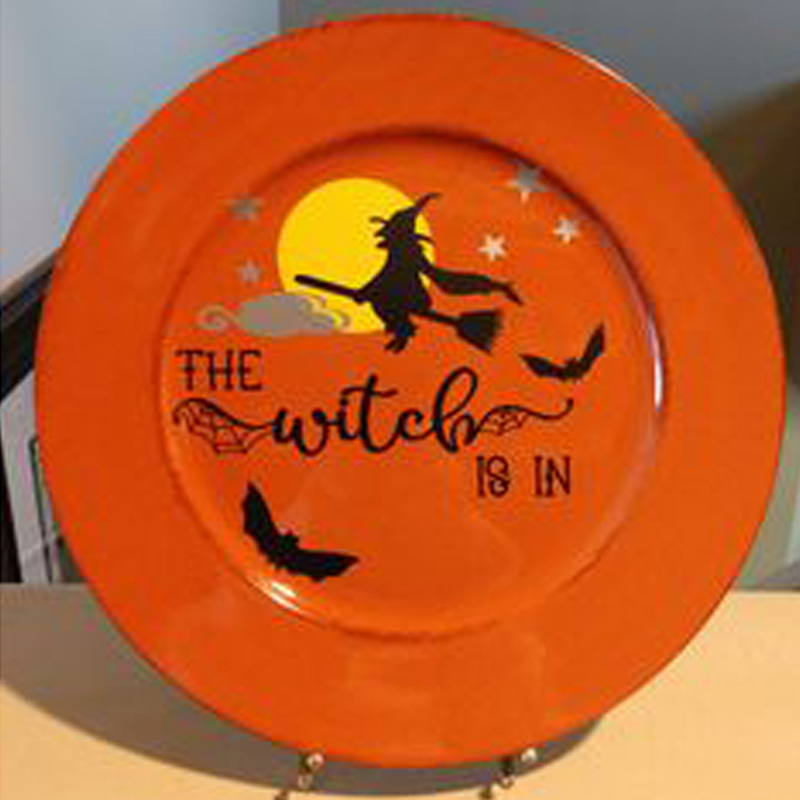 Newest Round Shape Metal Wall Plate The Witch Halloween Orange Black Sticker Coffin Skeleton Indoor Accent Handicrafts