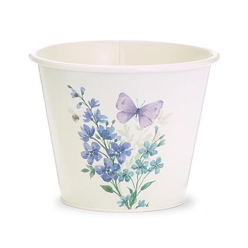 Round Planter Vintage Blooms Sticker Enamel Multi Colour Tin Pot Cover With Flowers in Shades of Purple With Butterfly and Bee