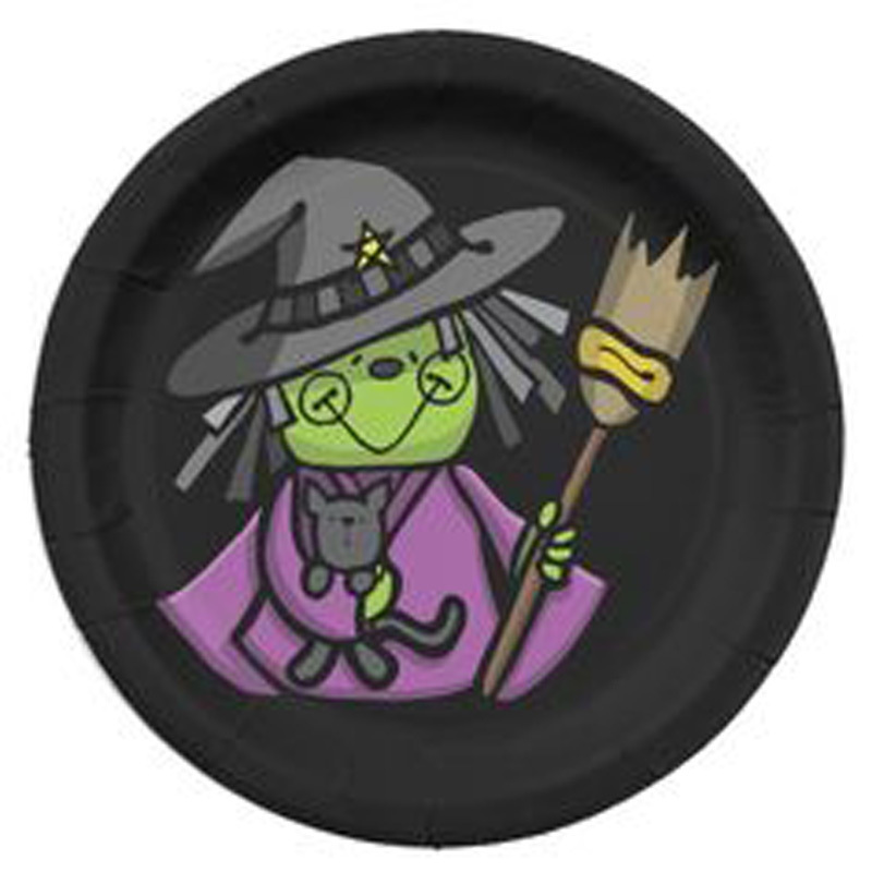 Stylish Round Shape Metal Wall Plate Witch Carrying Broom Halloween Green Black Sticker Accent Decorations Jar Moon