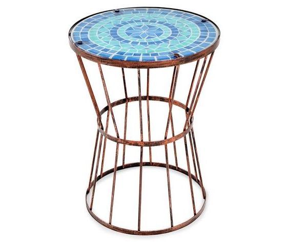 BeniOurain Furniture Iron & Mosaic Moroccan Round Side Table Copper & Blue Colour Fancy Table And Coffee Table For Living Room