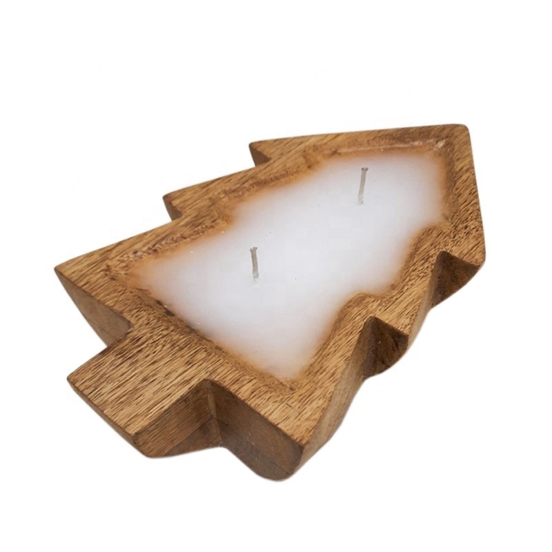 Christmas Decoration Wooden Wax Tray Christmas Tree Shaped Natural Colour Candle Tray Votive Candle