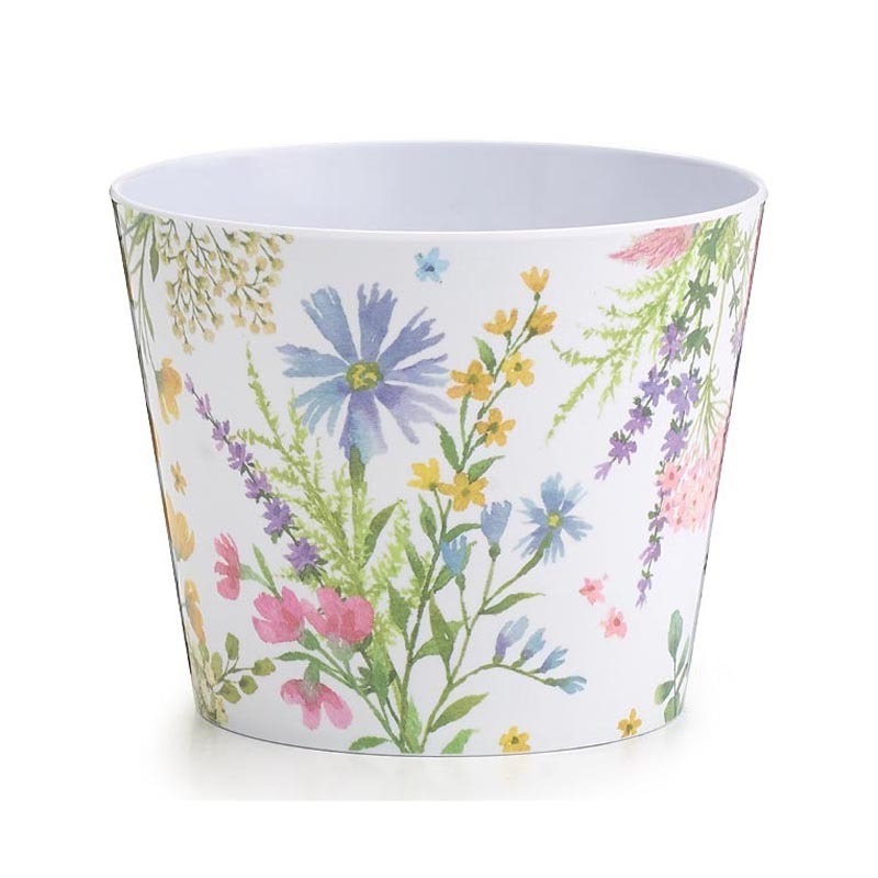 Round Planter Vintage Blooms Sticker Enamel Multi Colour Tin Pot Cover With Flowers in Shades of Purple With Butterfly and Bee