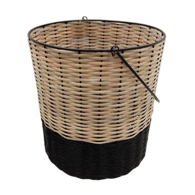 Home Storage Cane And Iron Round Basket With Handle Dead Matt Black And Natural Color Luxury Design Laundry Basket And Storage