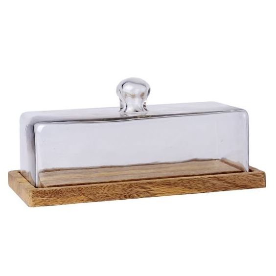 Butter Dish With Wood Platter Rectangular Clear Glass For Kitchen Table Top Dishes Plates Homeware Kitchen House Hold Christmas