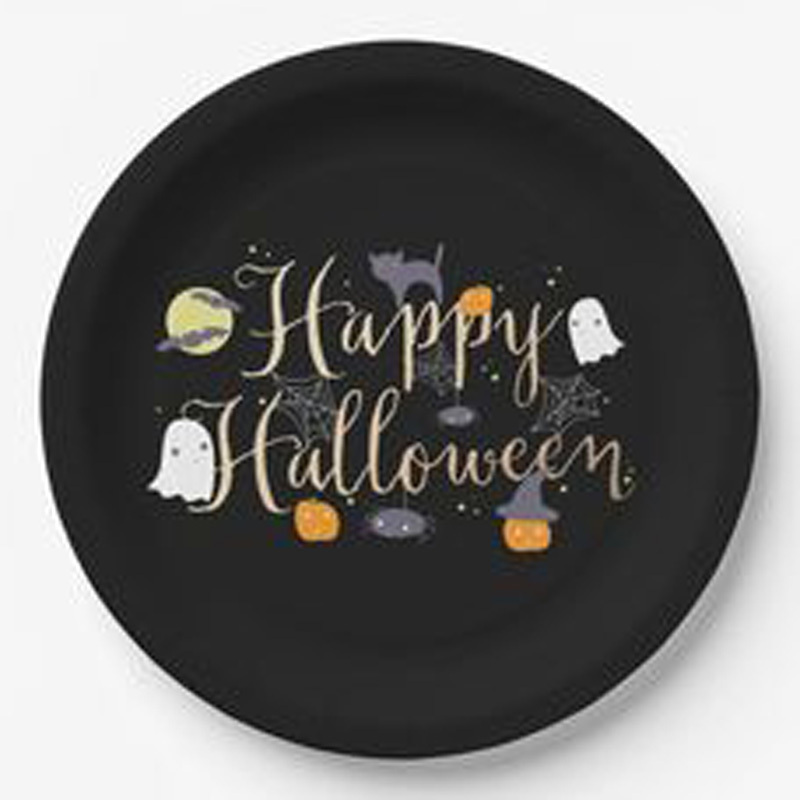 Trending Hanging Round Shape Metal Wall Plate Black Happy Halloween Ghost Pumpkin Sticker Wall Plaque Nightlight Mirrors