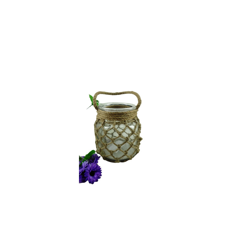 Glass Jar With Rope Handle Sand Frosted Hanging Jar For Wedding & Living Room Decoration Handmade In Bulk