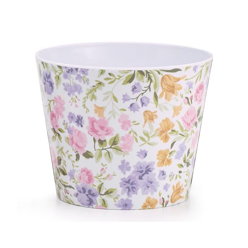 Round Planter Vintage Blooms Sticker Enamel Multi Colour Tin Pot Cover With Flowers in Shades of Purple With Butterfly and Bee