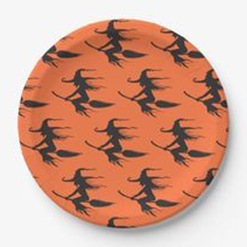 Modern Round Shape Metal Wall Plate Black Border Orange in Centre Bats Sticker White Dots Witch Skeleton Indoor Accents