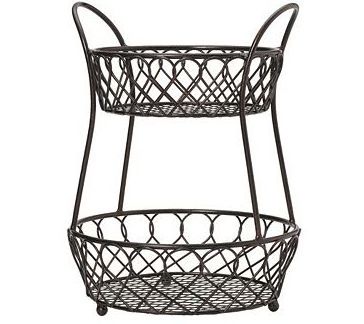 Round Black Powder Coated Vegetables & Fruits 2 Tier metal wire fruit basket assemble high quality basket for kitchen & Mom