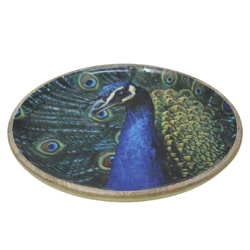 Hot Selling Round Enamel Wooden Plate Peacock Sticker Print Classic Design Dish And Tray For Serving Food In Restaurant Handmade