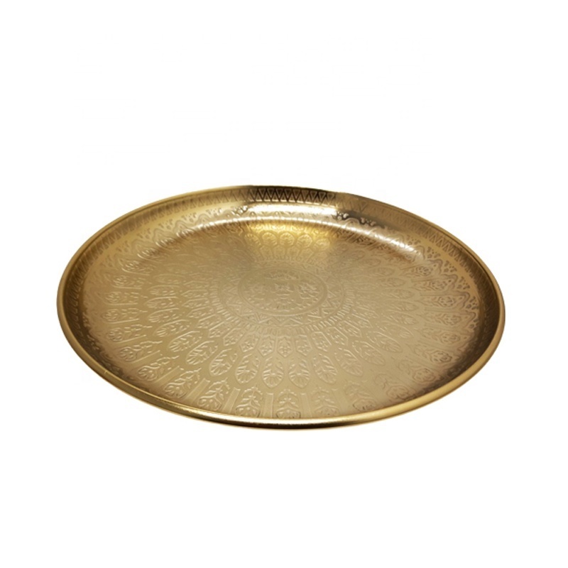 Wholesale Bulk Kitchen & Table Top Iron Round Serving Plate With Etching Brass EPL Gold Colour Dishes & Tray In Bulk