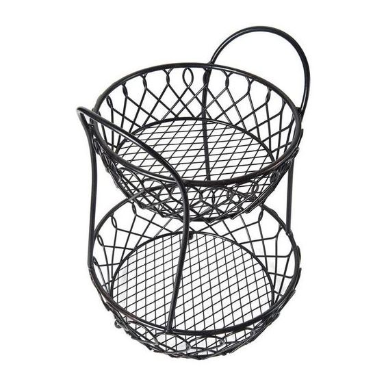 Round Black Powder Coated Vegetables & Fruits 2 Tier metal wire fruit basket assemble high quality basket for kitchen & Mom