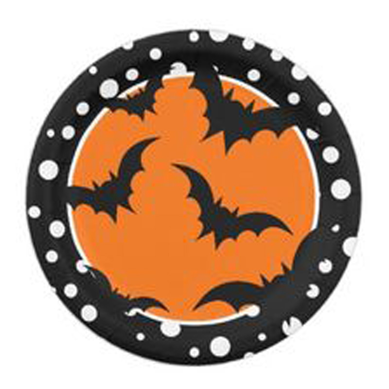 Modern Round Shape Metal Wall Plate Black Border Orange in Centre Bats Sticker White Dots Witch Skeleton Indoor Accents