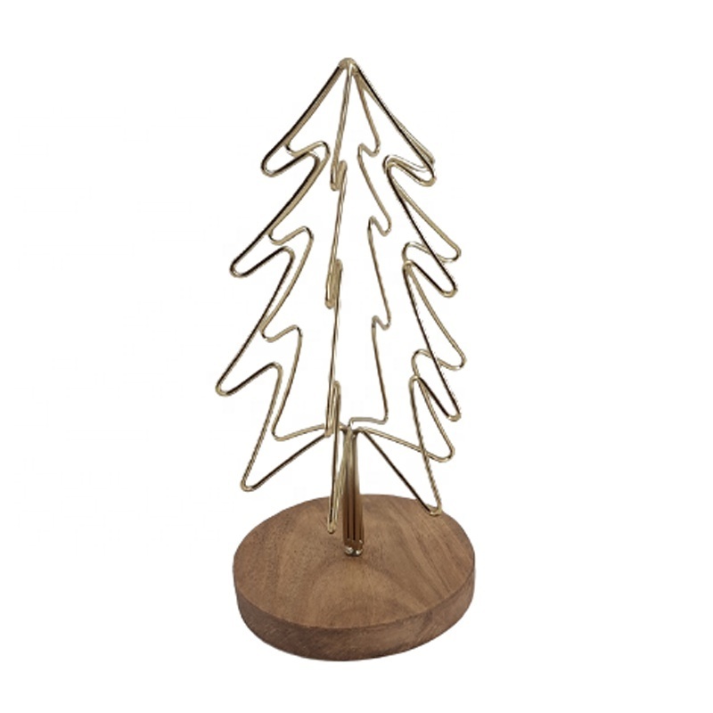 Iron & Wood Christmas Decorative Luxury Metal Wire X-Mas Tree With Round Base Brass Plating Latest Style For Table Top Decor