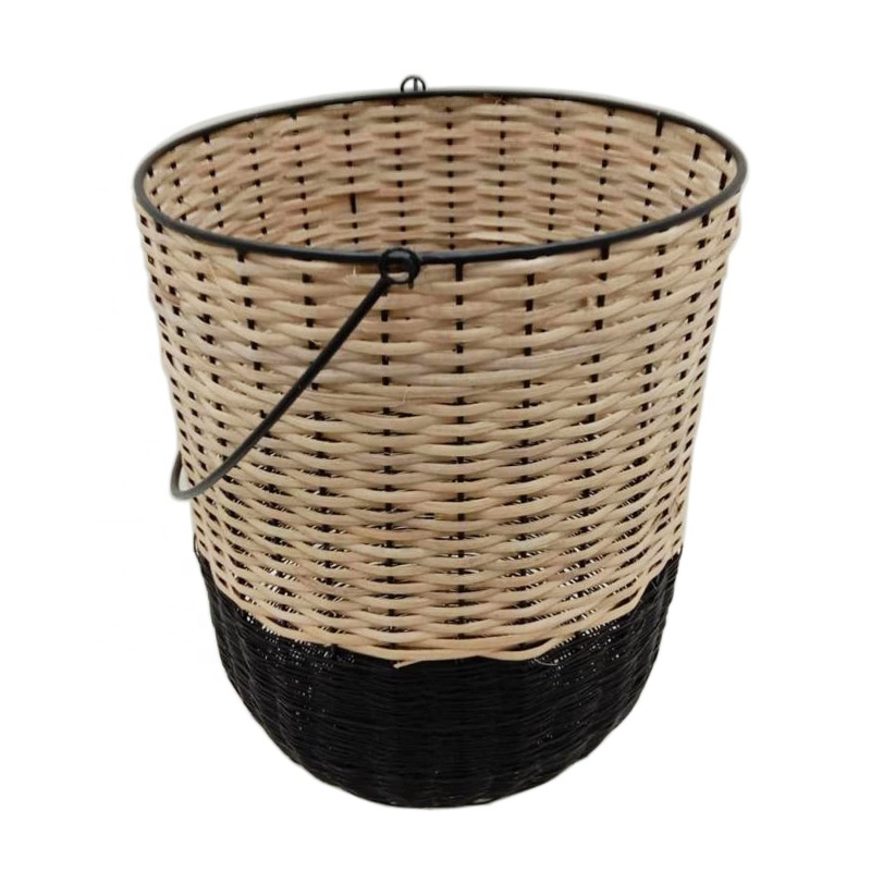 Home Storage Cane And Iron Round Basket With Handle Dead Matt Black And Natural Color Luxury Design Laundry Basket And Storage