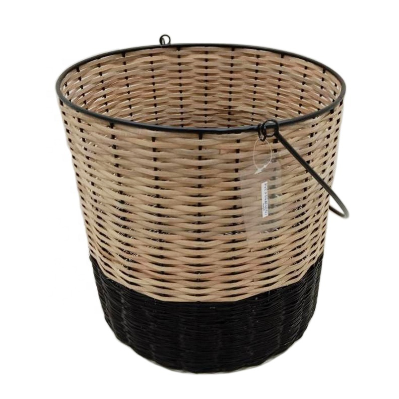 Home Storage Cane And Iron Round Basket With Handle Dead Matt Black And Natural Color Luxury Design Laundry Basket And Storage