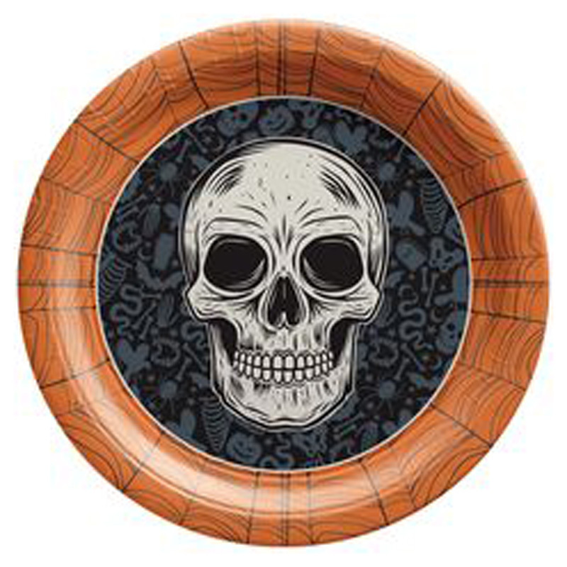 Modern Round Shape Metal Wall Plate Black Border Orange in Centre Bats Sticker White Dots Witch Skeleton Indoor Accents