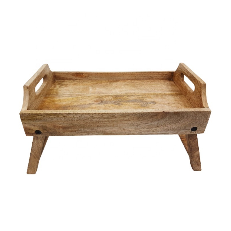 Wooden Serving Tray With Folding Legs Rectangle Shaped Natural Finishing Bed Serving Tray Handmade Customized