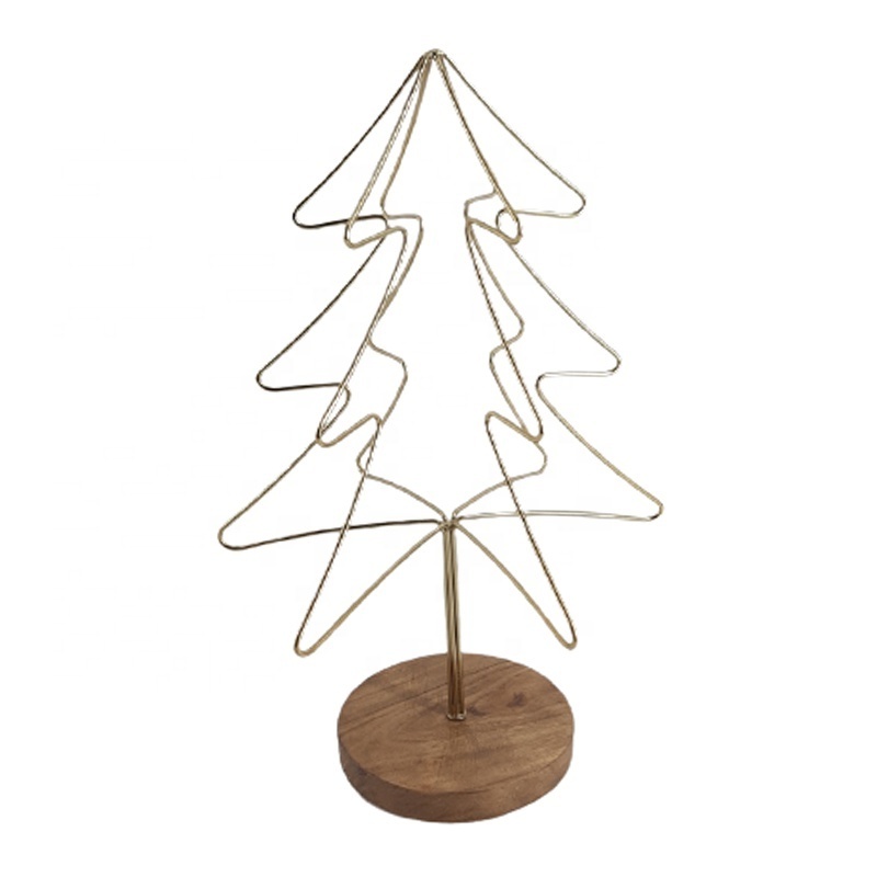 Iron & Wood Christmas Decorative Luxury Metal Wire X-Mas Tree With Round Base Brass Plating Latest Style For Table Top Decor