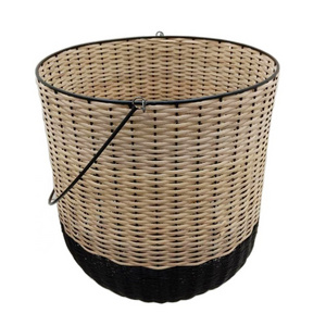 Home Storage Cane And Iron Round Basket With Handle Dead Matt Black And Natural Color Luxury Design Laundry Basket And Storage