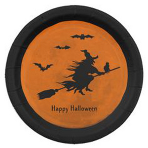 Round Metal Wall Plates Outlet Happy Halloween Witch on Broom Flying Bats Black Borders Orange in Centre Accessories Quantity