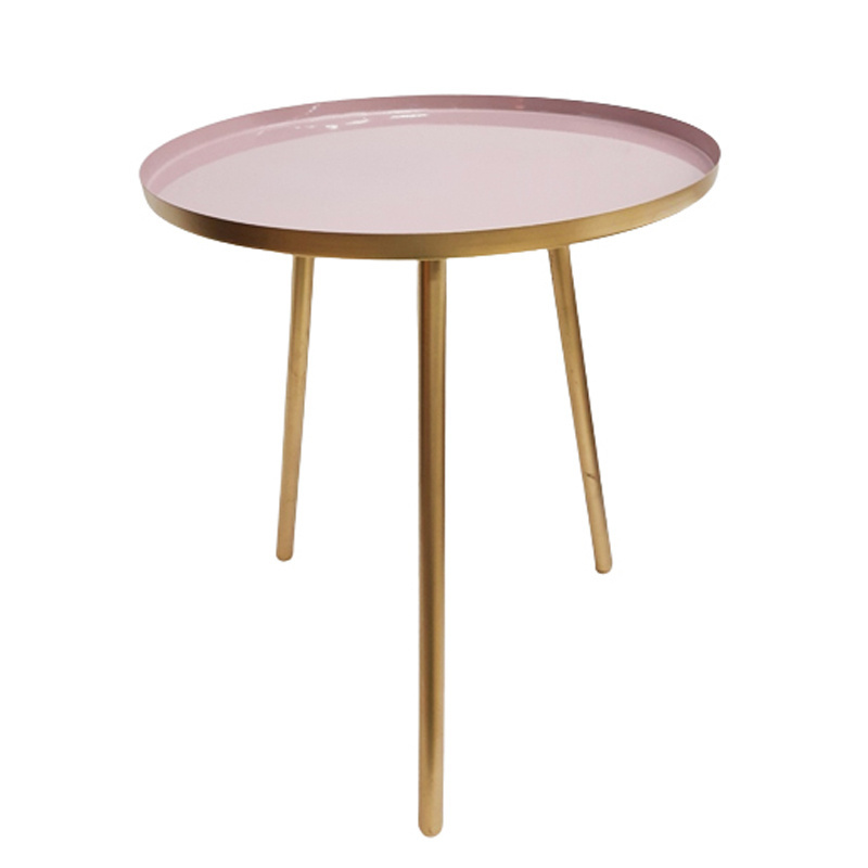 Round Customized End Side Table Iron Pink Plate on 3 Gold legs Decoration Wood Console Table Living Room Bedroom Handmade