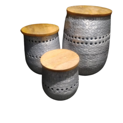 luxury round Side table set of 3 for Living and Bedroom with engraved hammered drum wooden top