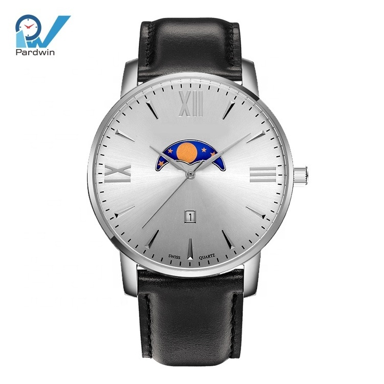 Custom logo watch with date moon phase mens watches stainless steel