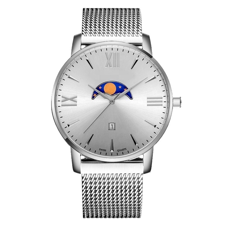 Custom logo watch with date moon phase mens watches stainless steel