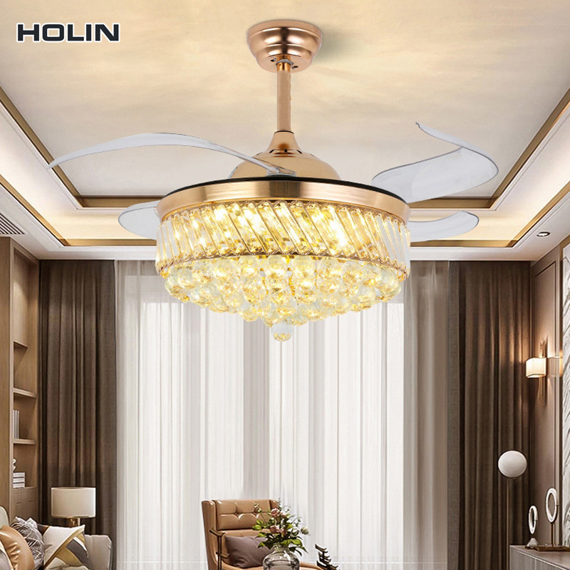 Gold 220V decoration modern remote control Led hidden leaf crystal ceiling fan and lighting kit manufacturers direct sales