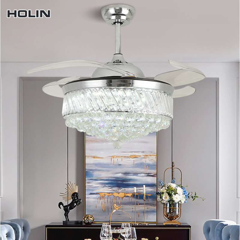 Gold 220V decoration modern remote control Led hidden leaf crystal ceiling fan and lighting kit manufacturers direct sales