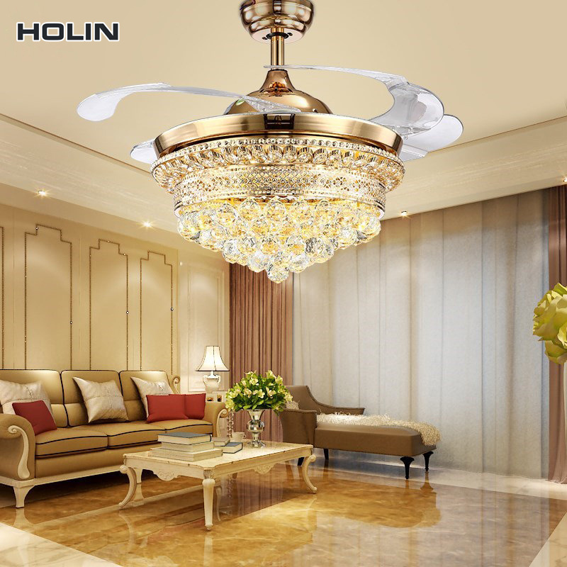 42 Inch Cr3 Layers Crystal Speed Adjustable Remote Controledl Modern Modern Ceiling Fan With Led Light