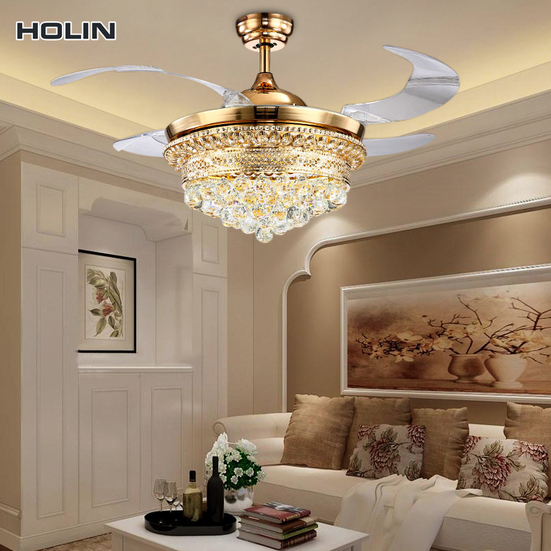 42 Inch Cr3 Layers Crystal Speed Adjustable Remote Controledl Modern Modern Ceiling Fan With Led Light