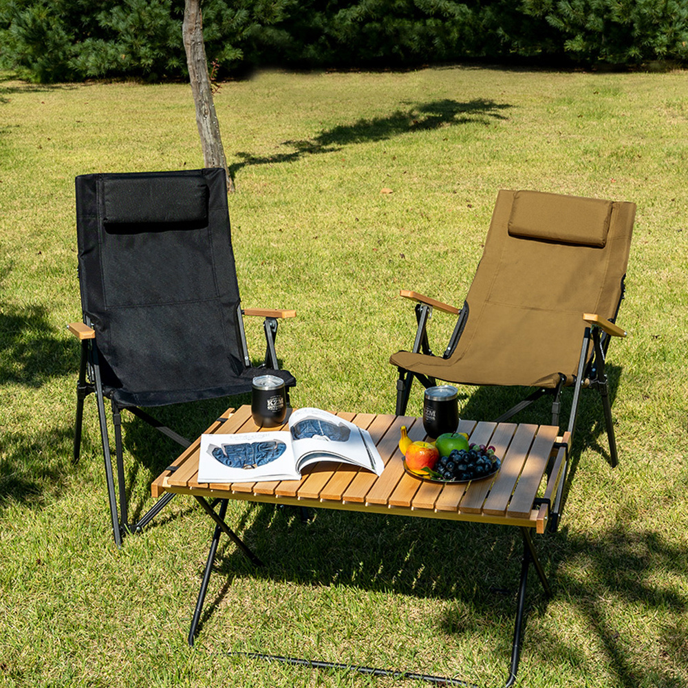 Portable Adjustable Backrest Multi-position Tilt Folding Camping Recliner Sofa Mesh Pocket Wooden Armrest Aluminum  Chair