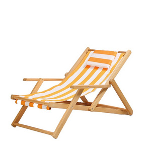 Adjustable Height Folding Armrest Fishing Foldable Wooden Camping Beach Lounge Chair with Pillow