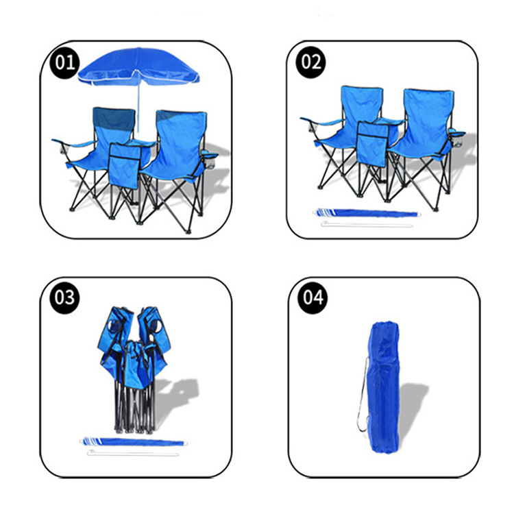 Cheap Double Folded Lawn Fishing 2-person Folding Camping Beach Chair with Large Umbrella Canopy