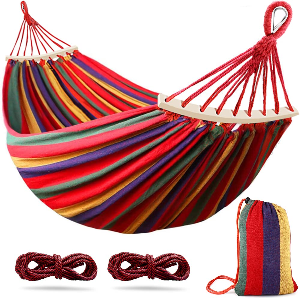 Hammock Outdoor Portable Canvas Knot Tree Straps Camping Patio Backyard Canvas Hammock with Two Anti Roll Balance Beam