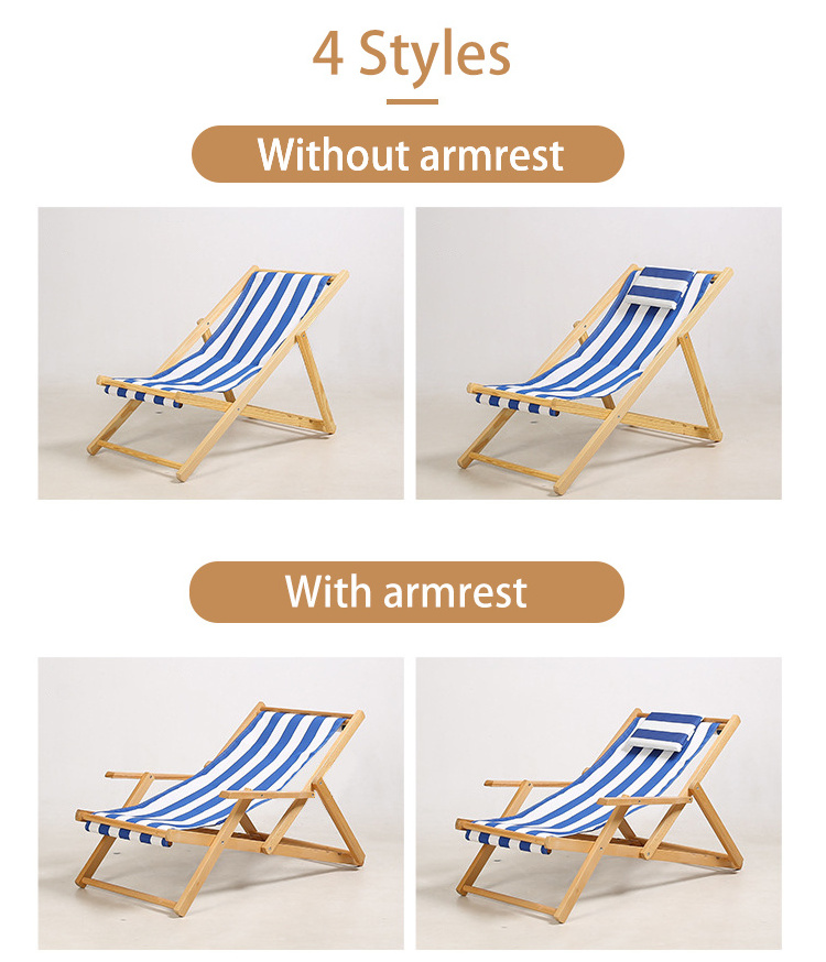 Adjustable Height Folding Armrest Fishing Foldable Wooden Camping Beach Lounge Chair with Pillow