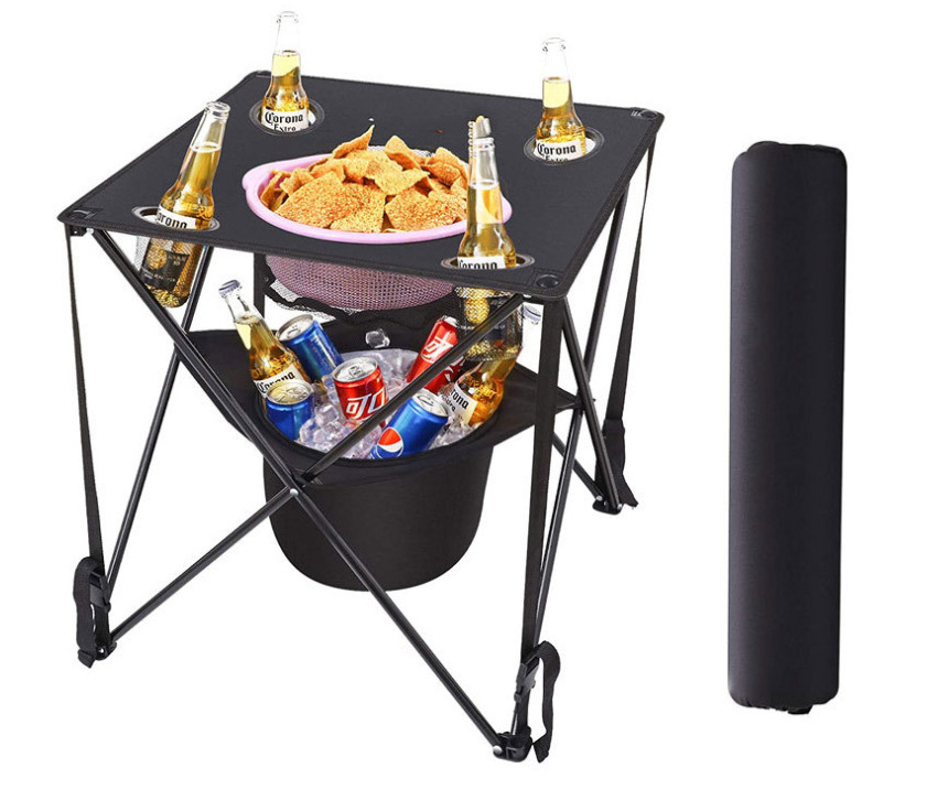 Outdoor Folding Round Table Cloth Portable Bbq Camping Picnic Table with Cooler Bag Wine Holders