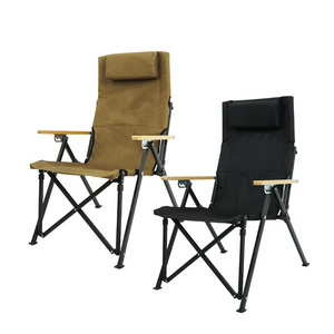 Portable Adjustable Backrest Multi-position Tilt Folding Camping Recliner Sofa Mesh Pocket Wooden Armrest Aluminum  Chair