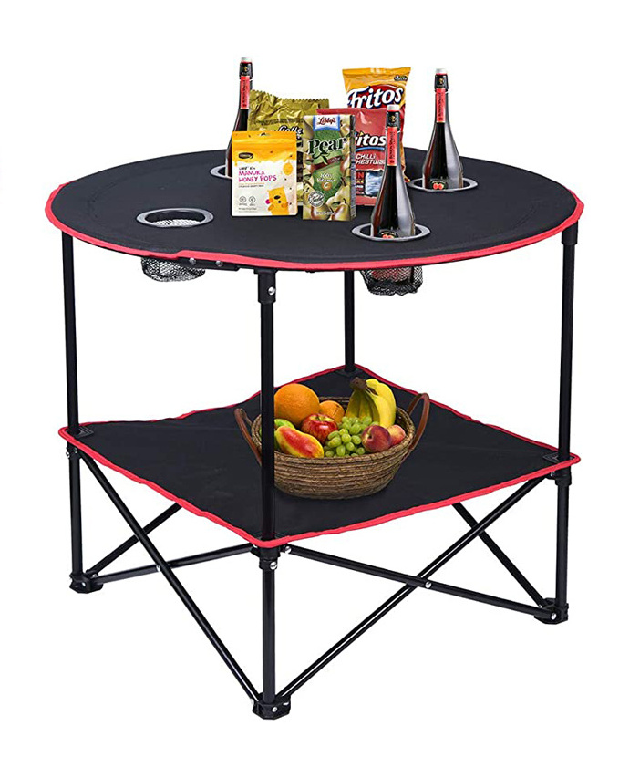 Outdoor Folding Round Table Cloth Portable Bbq Camping Picnic Table with Cooler Bag Wine Holders