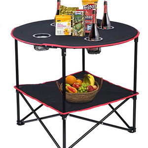 Outdoor Folding Round Table Cloth Portable Bbq Camping Picnic Table with Cooler Bag Wine Holders